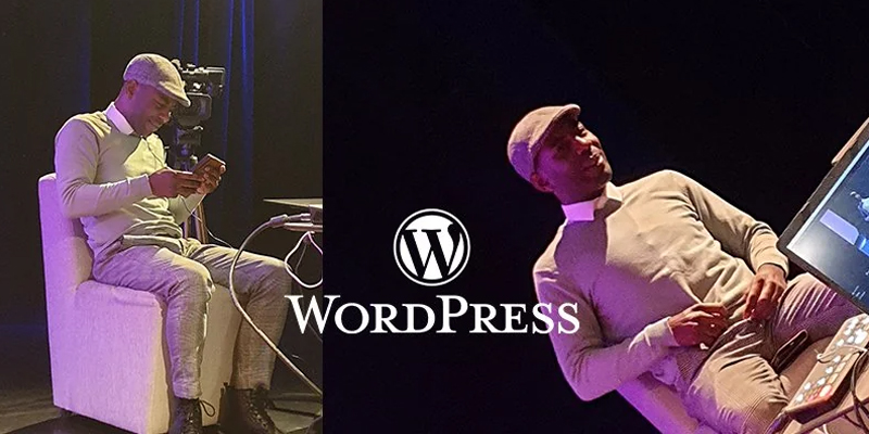 Stanley ter Haar in een studio met een groot WordPress-logo